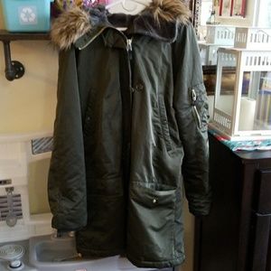 Gap Fur Hooded Long Winter Coat in hunter green